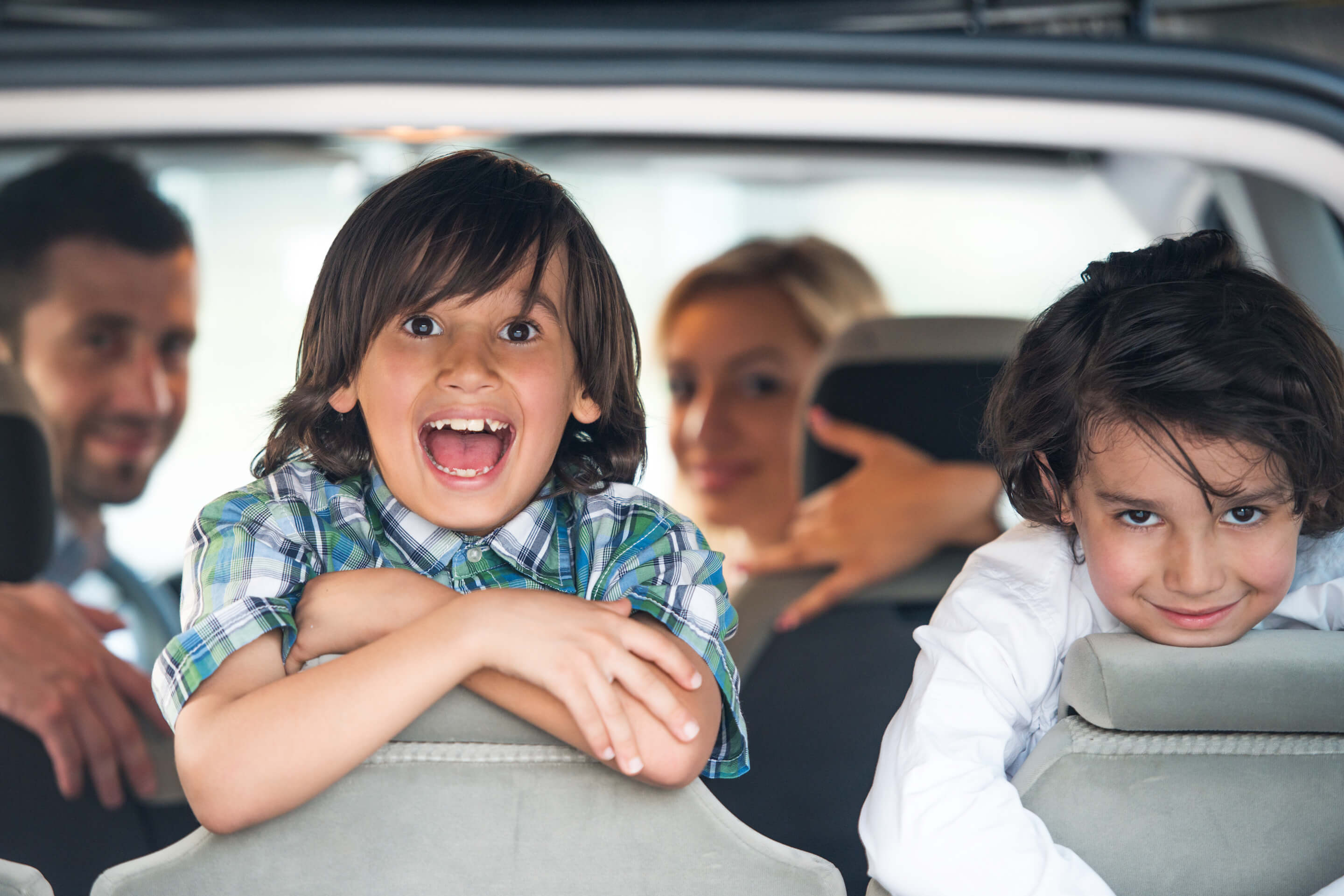 cheerful kids in car