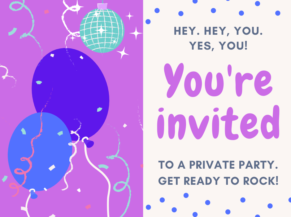 Private party invitation with balloons and disco ball